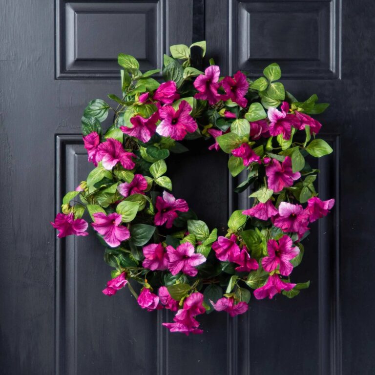 Cascades of Blooming Magenta Petunia Faux Floral Spring Summer Front Door Wreath