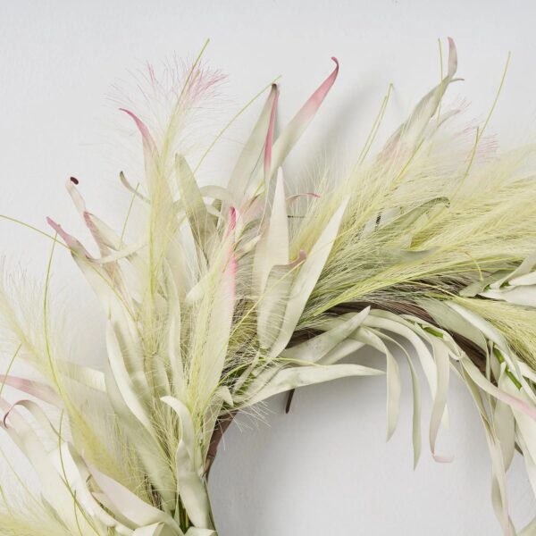 Close-up of blooms and berries on this Sage and Pink Faux Seaside Spring Summer Wreath