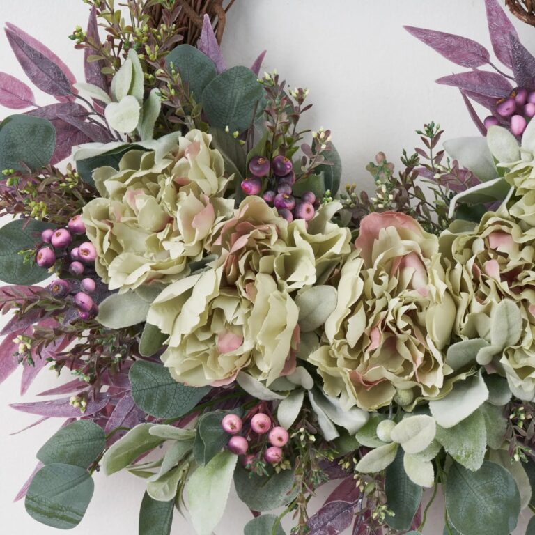 Close-up of blooms and berries on this Purple Seeded Boxwood, Eucalyptus Front Door Wreath