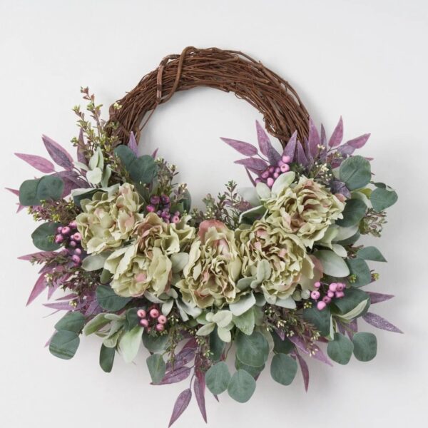 Purple Seeded Boxwood, Eucalyptus and Peony Spring Summer Front Door Wreath