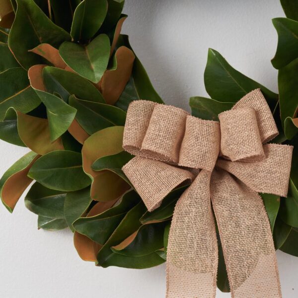 Close-up of blooms and berries on this Classic Real Touch Magnolia Leaf Burlap Bow