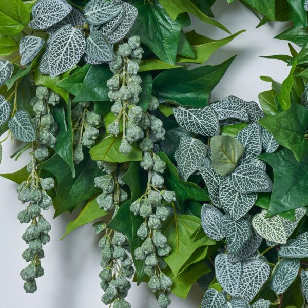 Close-up of blooms and berries on this Real Touch Ivy, Fittonia Vines All Seasons Wreath