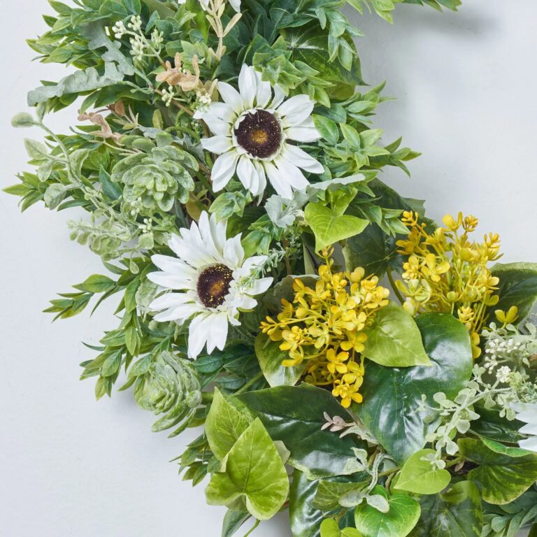 Close-up of blooms and berries on this White Sunflower, Yellow Hydrangea Front Door Wreath
