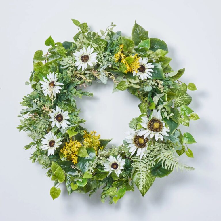 White Sunflower, Yellow Hydrangea and Potato Leaf Greenery Spring Summer Front Door Wreath