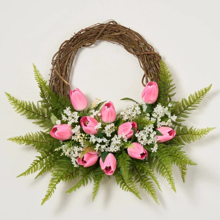 Tulip and Lifelike Fern Greenery Half Wreath Spring Summer Front Door Decor - Available In