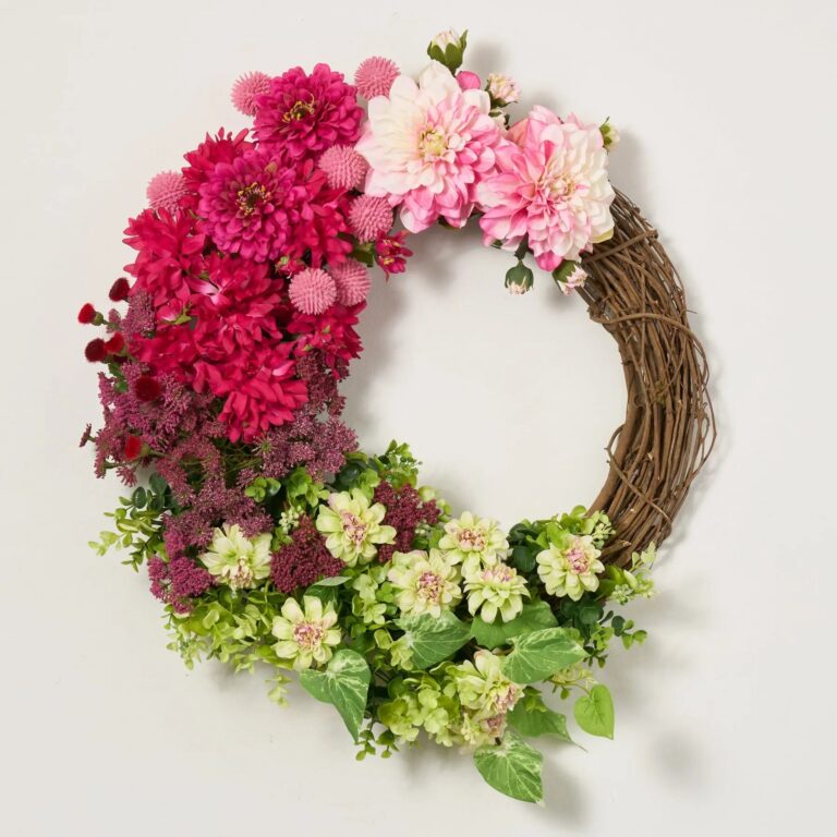 Cute As A Button - Mixed Dahlia and Garden Front Door Wreath - Pink
