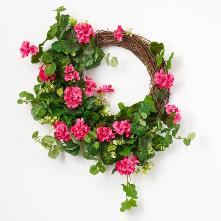 Pink Paradise - Bright Pink Hanging Geranium with French Front Door Wreath