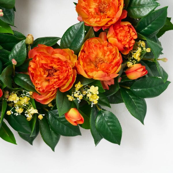 Close-up of blooms and berries on this Orange Garden Goddess - Orange Front Door Wreath