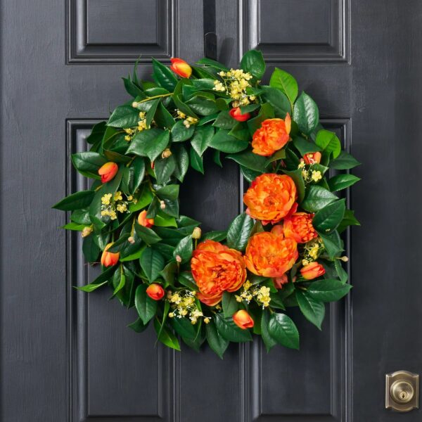 Orange Garden Goddess - Orange Peony, Tulips, Yellow Mini Front Door Wreath