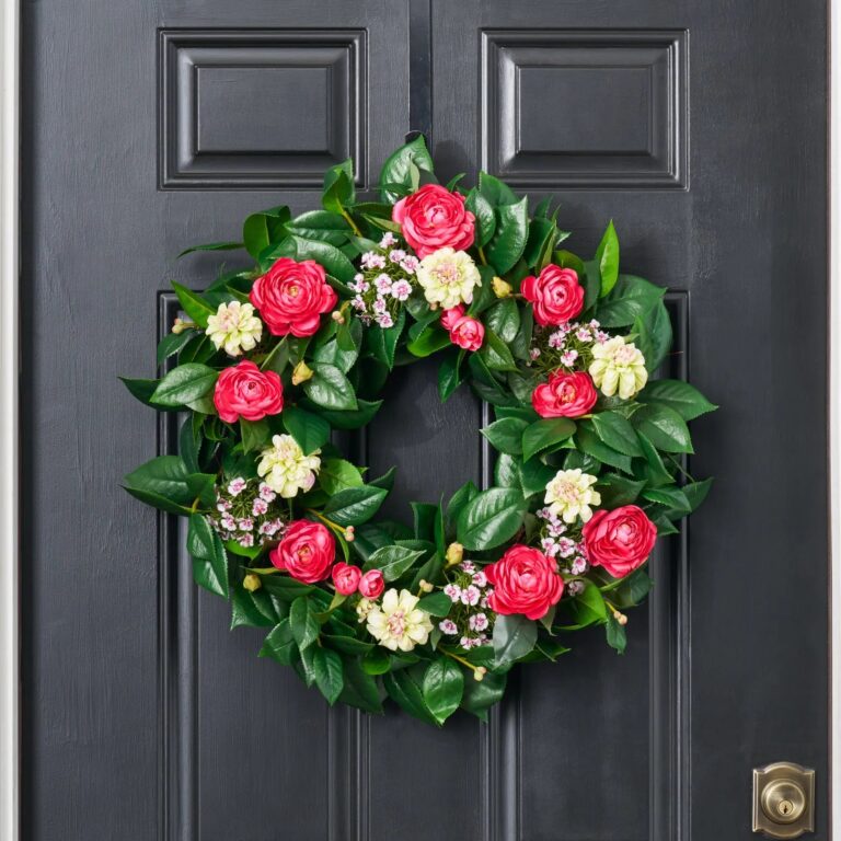 Real Touch Camelia Leaf, Fuchsia Blooms, Mini Dianthus Front Door Wreath
