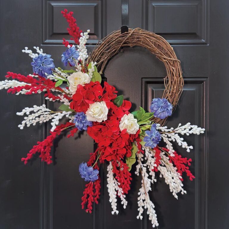 Star Spangled - Red Hydrangea, White Rose and Blue Patriotic American Wreath