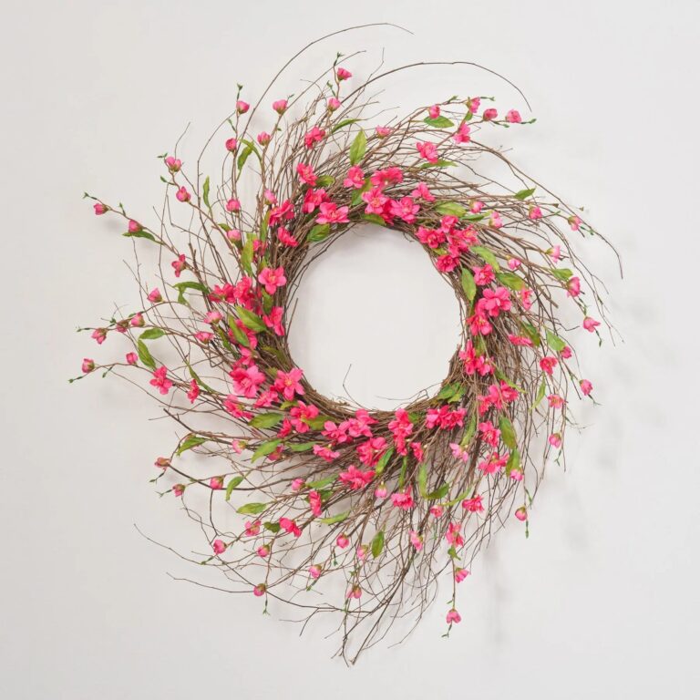 Dark Pink Cherry Blossom Wispy Birch Twig Front Door Spring Summer Wreath - 24 inch