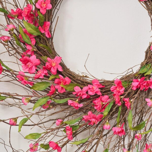 Close-up of blooms and berries on this Dark Pink Cherry Blossom Wispy Spring Summer Wreath
