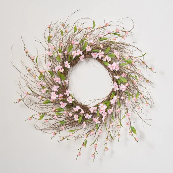 Light Pink Cherry Blossom Wispy Birch Twig Front Door Spring Summer Wreath - 24 inch