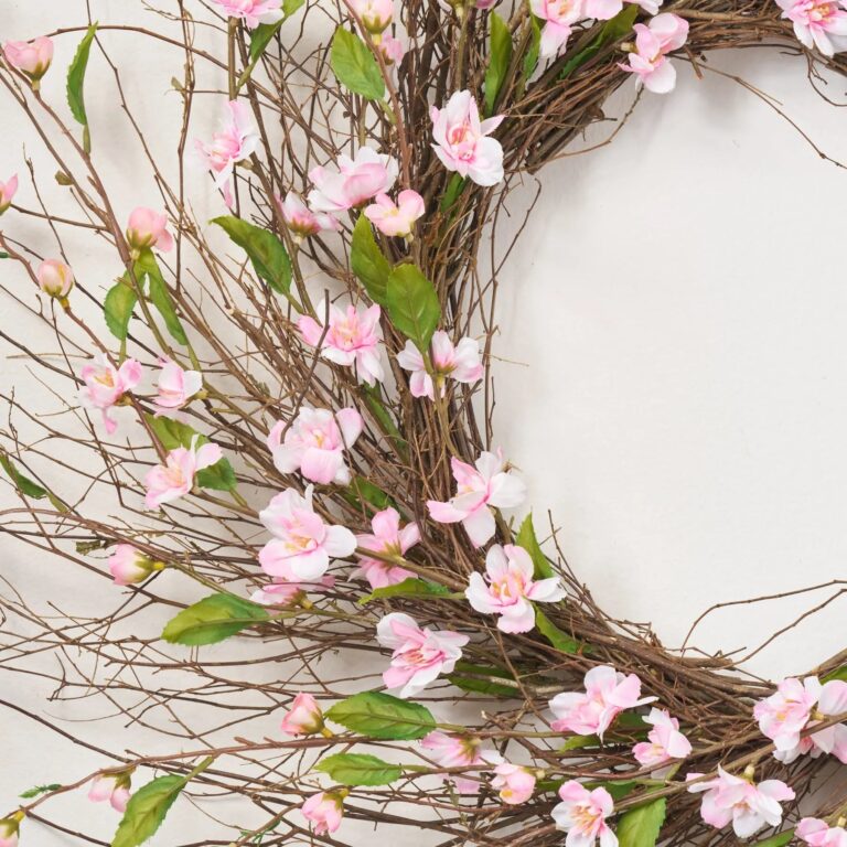 Close-up of blooms and berries on this Light Pink Cherry Blossom Wispy Spring Summer Wreath