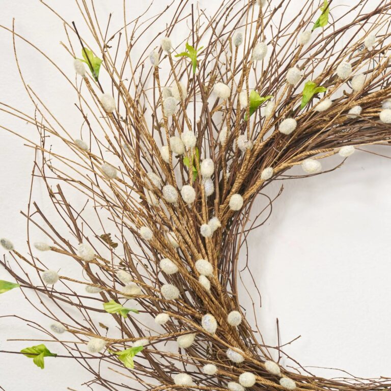 Close-up of blooms and berries on this Lifelike Faux Pussy Willow Branch Spring Summer Wreath