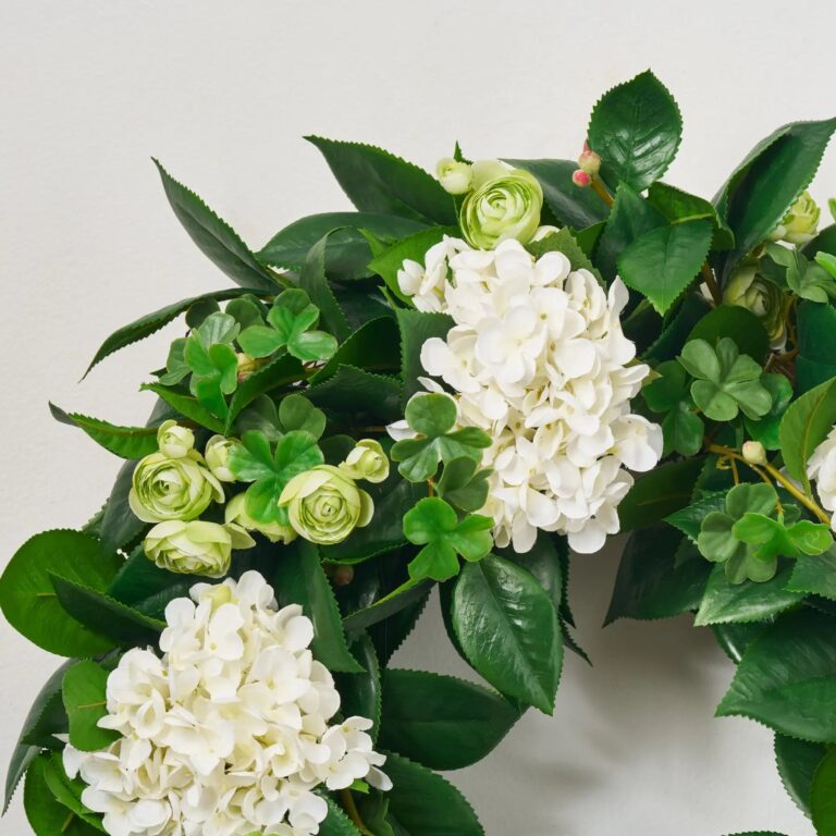 Close-up of blooms and berries on this Clover Patch - White Hydrangea, Day Spring Wreath