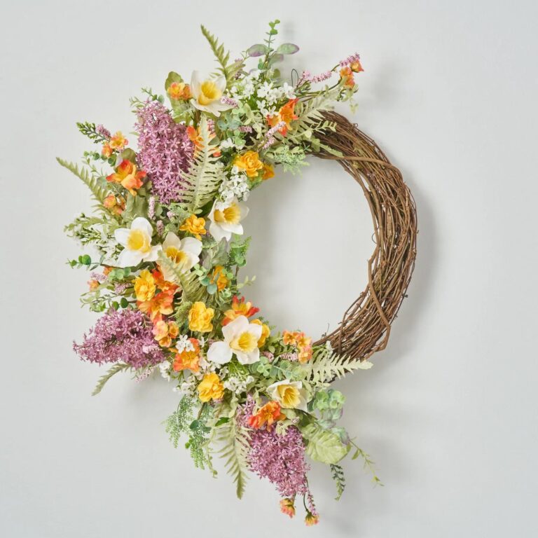 Lilac and Daffodil Garden Gate - Painted Lavender Lilac, Front Door Wreath - Multicolored