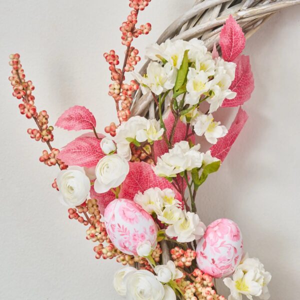 Close-up of blooms and berries on this Easter Tea House - Pink Front Door Wreath