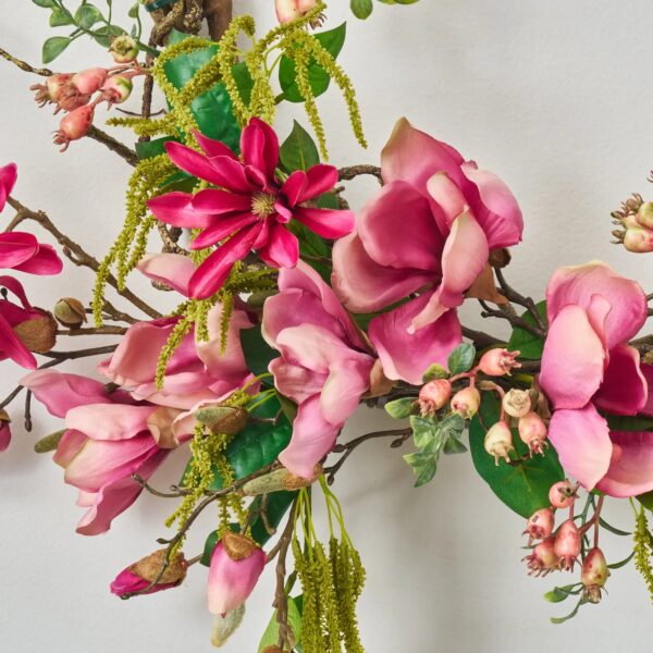 Close-up of blooms and berries on this Tangled Petals - Mixed Pink Front Door Wreath