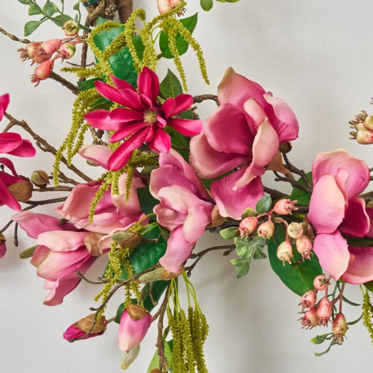 Close-up of blooms and berries on this Tangled Petals - Mixed Pink Front Door Wreath