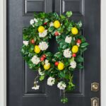 Alternate angle of the Strawberry Lemonade - White Geranium Front Door Wreath showing wreath face