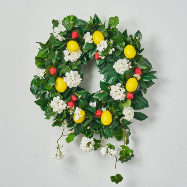 Strawberry Lemonade - White Geranium Blooms, Lemons and Strawberries Front Door Wreath
