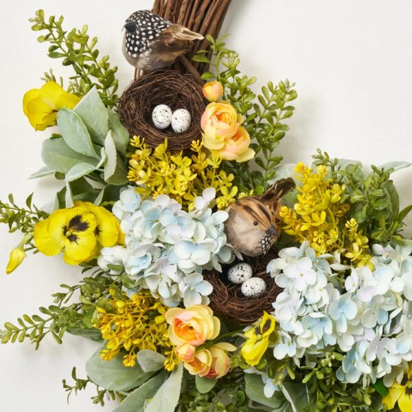Close-up of blooms and berries on this Spring in the Neighborhood Front Door Wreath