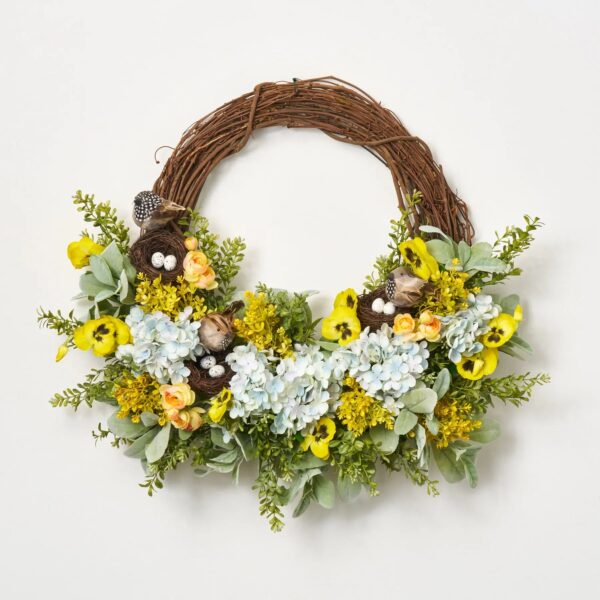 Spring in the Neighborhood - Blue Hydrangea, Yellow Pansy, Front Door Wreath