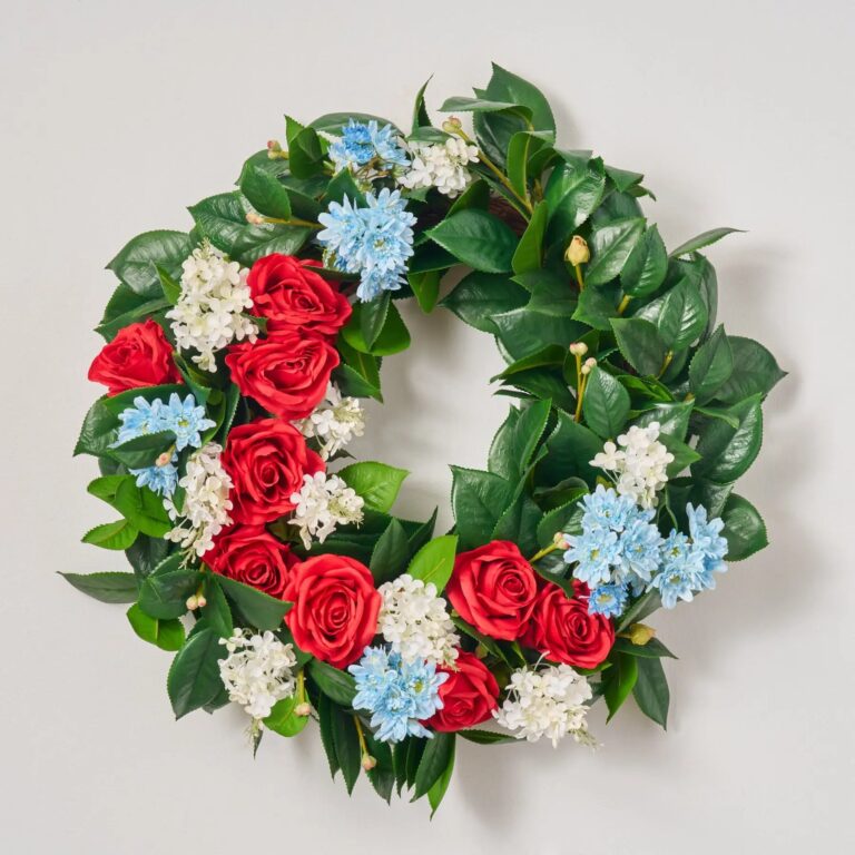 Miss Americana - Red Rose, White Lilac and Blue Door Summer Wreath - 22 inch