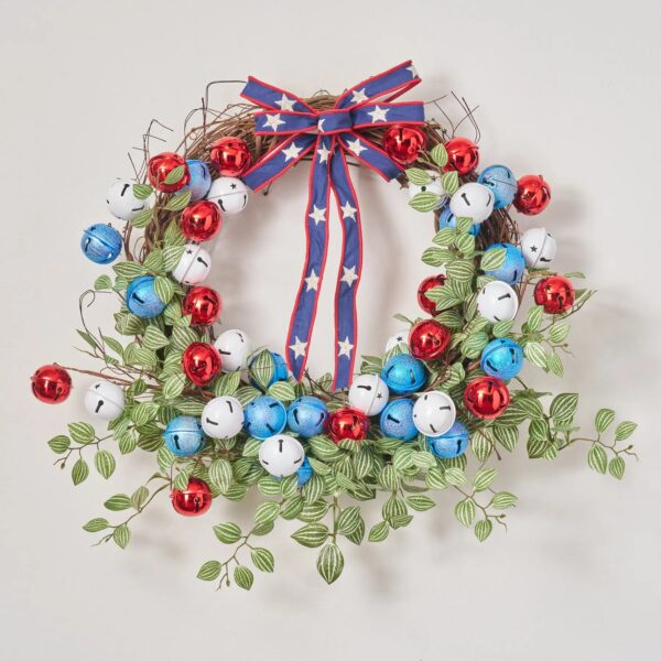 Close-up of blooms and berries on this America 250 Celebration - Red, Front Door Wreath