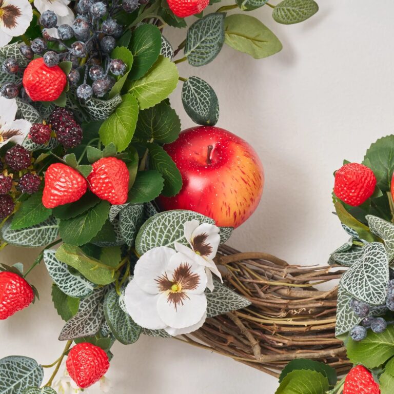 Close-up of blooms and berries on this Strawberry Days - Red Strawberries, Door Fruit Wreath