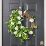 White Hanging Geranium with French Begonia Leaf and Seeded Front Door Wreath