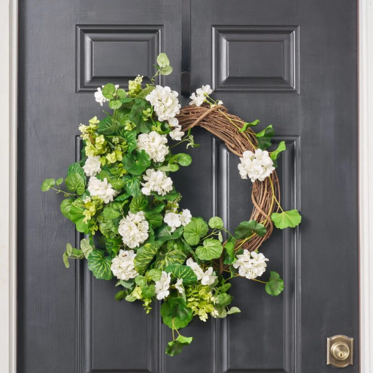 White Hanging Geranium with French Begonia Leaf and Seeded Front Door Wreath