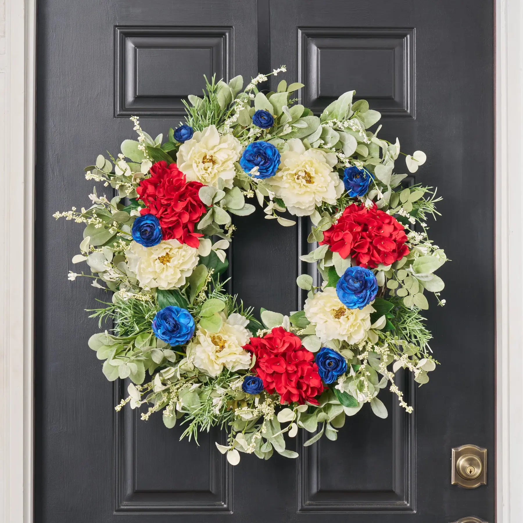 Alternate angle of the Vintage Glory - Red Hydrangea, Front Door Wreath showing wreath face