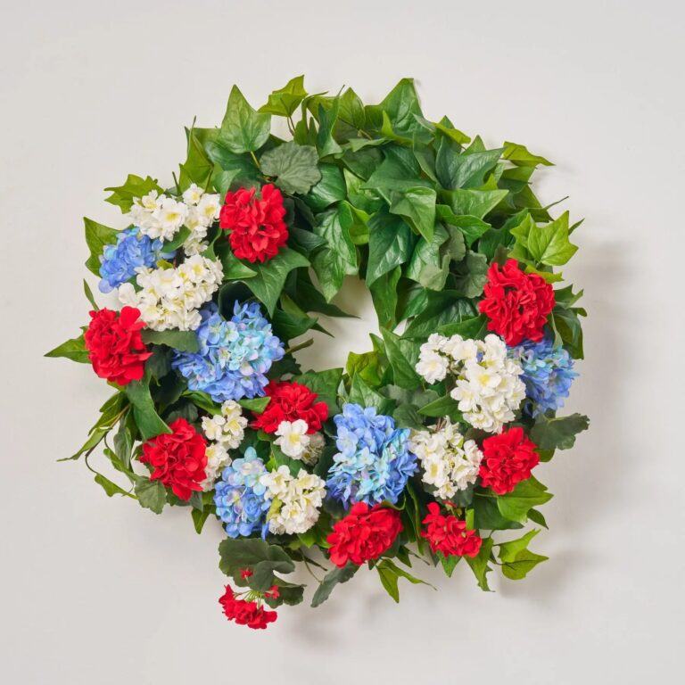 Independence Bouquet - Red Geranium, Blue Hydrangea and White Front Door Wreath - 26 inch