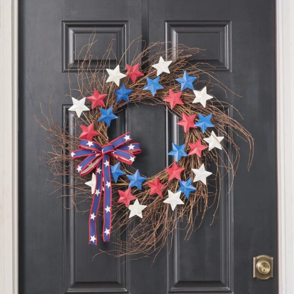 Red, White and Blue Star Spangled Americana Summer Front Door Wreath with Bow