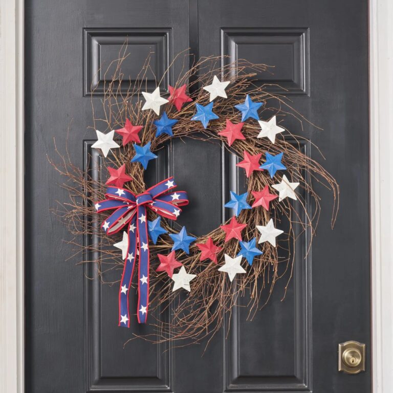 Red, White and Blue Star Spangled Americana Summer Front Door Wreath with Bow