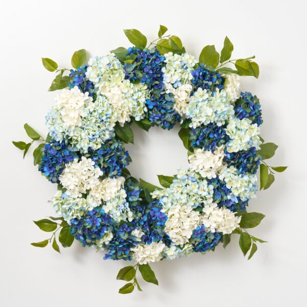 Deluxe Mixed Blue and White Hydrangea Blooms Everyday Spring Front Door Wreath - 30 inch