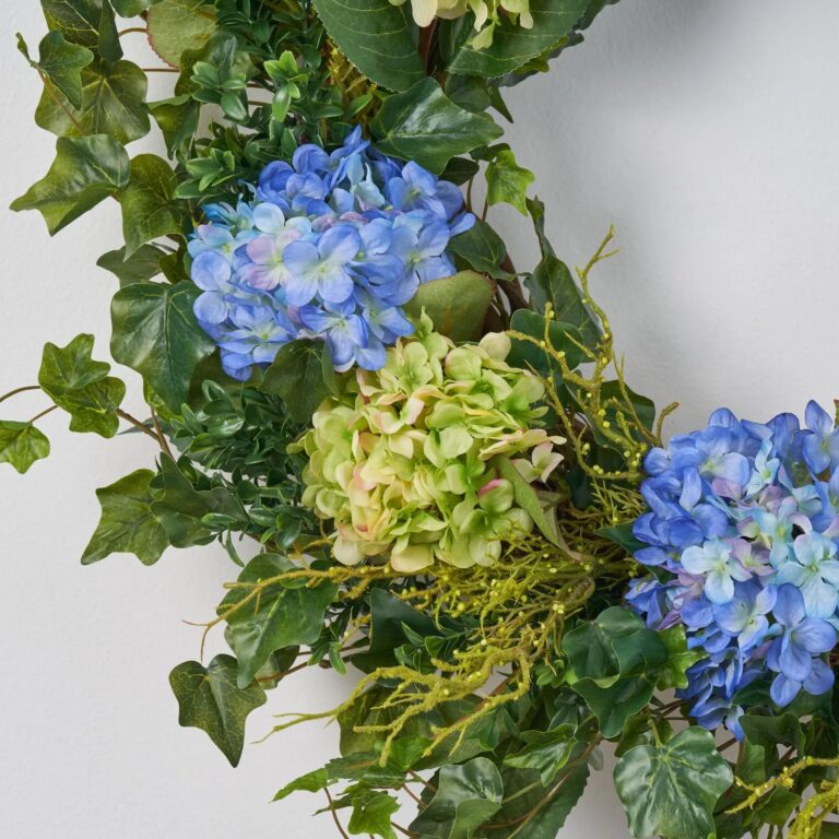 Close-up of blooms and berries on this Blue and Green Hydrangea Front Everyday Spring Wreath