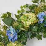 Alternate angle of the Blue and Green Hydrangea Front Everyday Spring Wreath showing wreath face