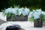 Close-up of leaf foliage texture on this Soft Blue Hydrangea and Mixed Tin Window Planter
