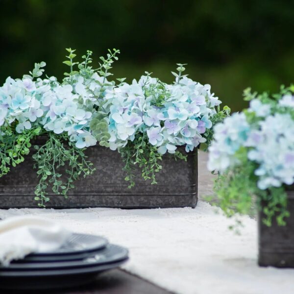 Close-up of leaf foliage texture on this Soft Blue Hydrangea and Mixed Tin Window Planter