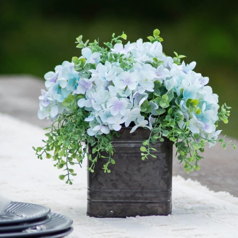 Soft Blue Hydrangea and Mixed Eucalyptus Everyday Floral Arrangement Tin Window Planter Box - 3