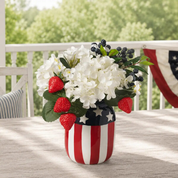 Star Spangled Picnic - White Hydrangea Blooms, Strawberry and Blueberry Arrangement in American Flag Mason