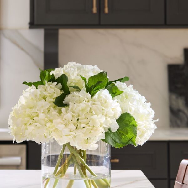 Close-up of bloom cluster detail on this Faux Talc White Hydrangea Arrangement - 12 inch