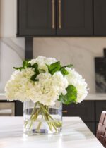 Close-up of bloom cluster detail on this Faux Talc White Hydrangea Arrangement - 12 inch