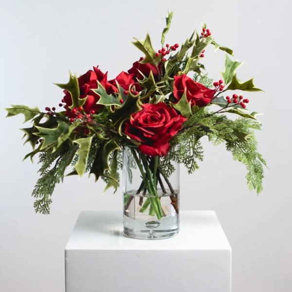 Tis The Season - Red Christmas Rose, Cypress Glass Vase