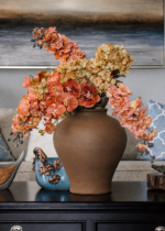 Close-up of bloom tips on this Artificial Larkspur Flower in Orange and Pink