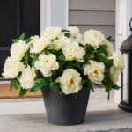 Close-up of leaf foliage texture on this Lifelike Cream Peony Blooming Faux Spring Summer Arrangement